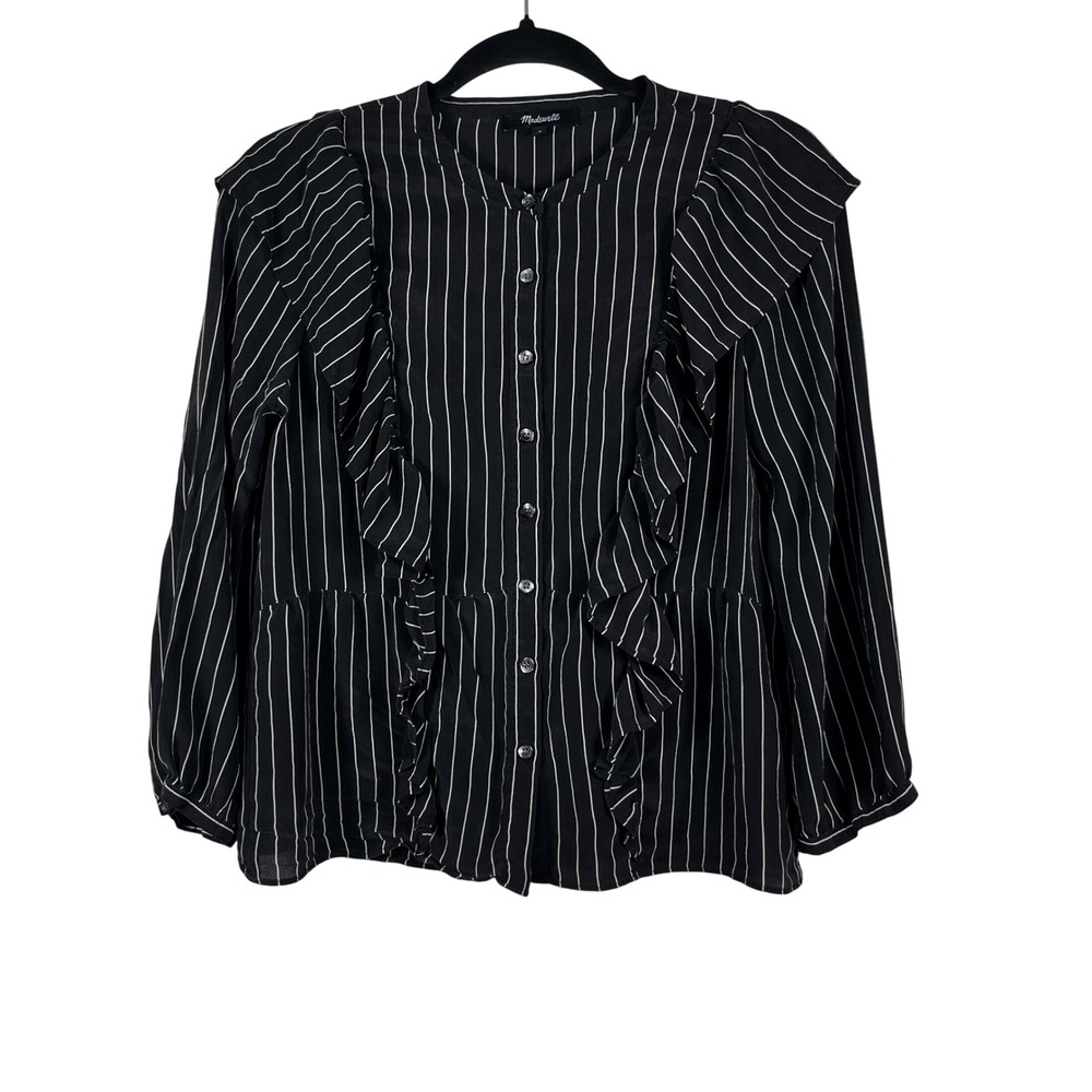 Madewell Silk Blouse Womens Black Ruffle Pinstripe Button Up Size‎ Small